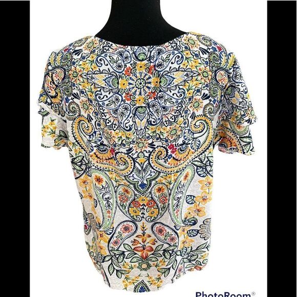 Rafaella colorful print blouse with double flutter sleeves,  keyhole tassel tie - Picture 3 of 8